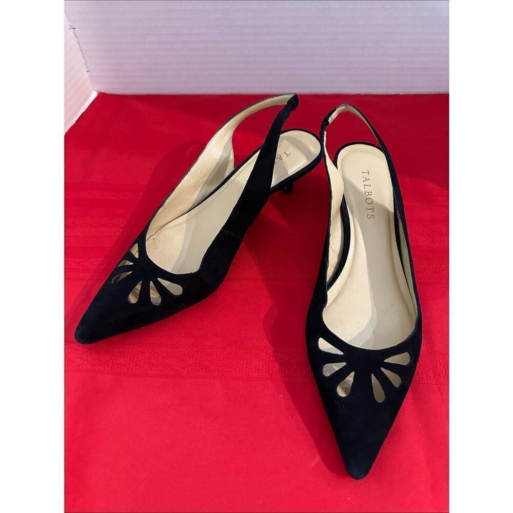 Talbots Black Suede Pointed Toe Slingback Kitten Heel Size 8